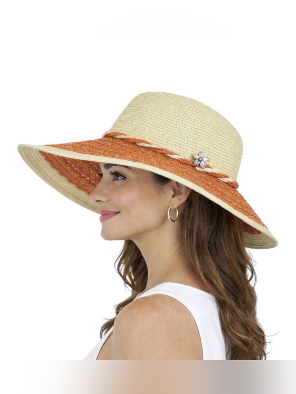 CAPPELLI Wide Brim Straw Hat Beige Orange Rope Band Metal Flower OS Summertime